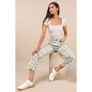 Lulus Modish Behavior Cream And Green Plaid Corduroy High-rise Pants